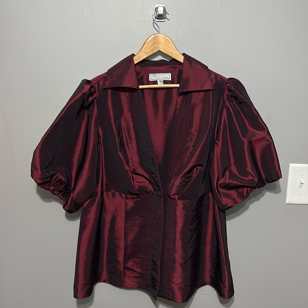 “Simonton Says” Elegant Burgundy Women's Taffeta Blouse Short Puffy Sleeves EUC!